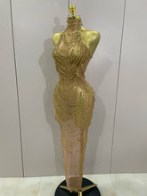 Luxury Sparkly Gold Rhinestone Sexy Transparent Mesh Long Dress 2025 Women Birthday Party Gown Stage Singer Performance Costume